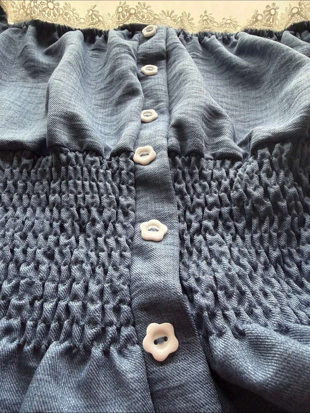 Blue Lace-Trim Smocked Waist Peasant Top